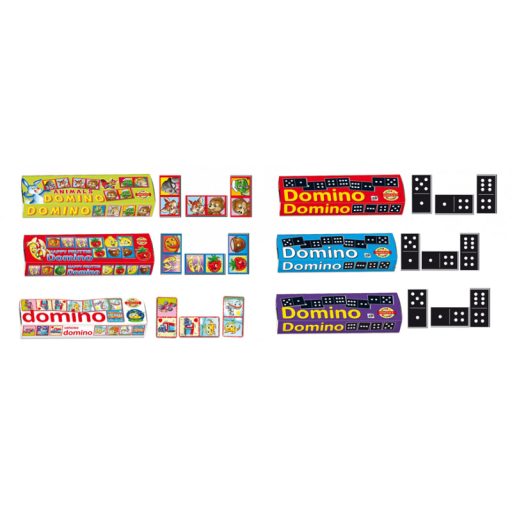 Dominó klt., 6 féle, képes/pöttyös, 24x7x4 cm dob.