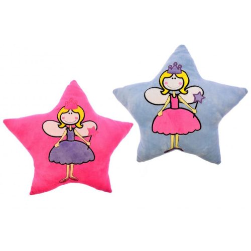 Plüss párna, csillag alakú, hímzett, tündér hercegnő minta, 2 szín: pink, kék, 38x36 cm