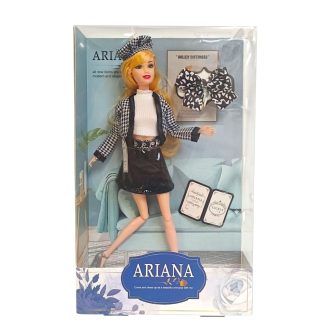   Baba, vékony, + kieg., csatt a kislánynak, csuklós végtag, 20x33 cm dob.