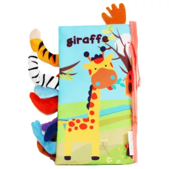   Lapozós textil könyv, vadállatok, kilógó farkakkal,13x22+ cm zacsk.