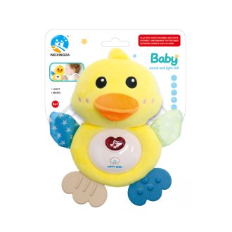   Zenélõ bébi játék, el., hang-fény, plüss kacsa, +rágóka,  17x18 cm lapon