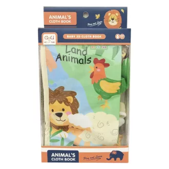   Lapozós textil könyv, állatok, kilógó farkakkal,14x23+ cm dob.