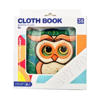 Lapozós textil könyv, csipogós, baglyos, 17x17 cm dob.
