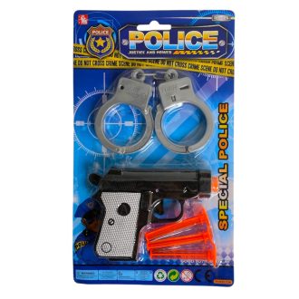   Rendõr klt., pisztoly, tap.kor. lövedék, +bilincs, 15x26 cm lapon