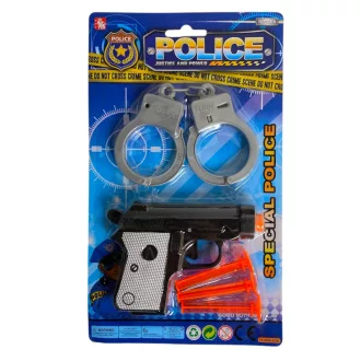   Rendõr klt., pisztoly, tap.kor. lövedék, +bilincs, 15x26 cm lapon