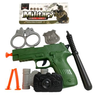   Katonai klt., pisztoly, tap.kor., + bilincs, kieg.,19x33 cm zacsk.