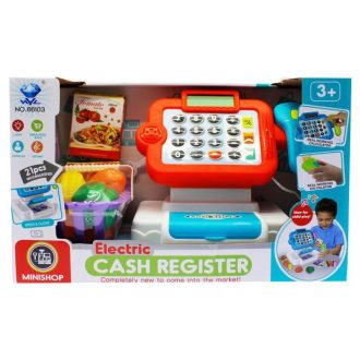   Pénztárgép klt., el., hang+fény, LCD kijelzõ, számológép, 2 szín, 33x20 cm dob.