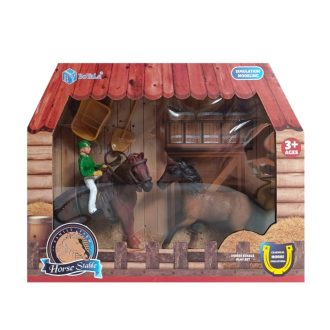 Ló, klt., 2 ló + lovas, karám, 25x20 cm dob.