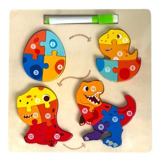   Fa puzzle klt., fejlõdés, tojásból Dínó, +hátoldala rajzolótábla, 2 az 1 ben, 23x23 cm pvc csom.