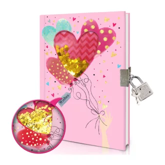   Emlékkönyv, fém lakat, szív dekorban csillám, 13x18 cm zacsk.
