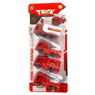 Tûzoltó autó klt., 4 db, hátrahúzós, 14x32 cm lapon