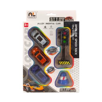   Fém lemez autó klt., 3 db autó + jelzõlámpa, 19x29+ cm dob.