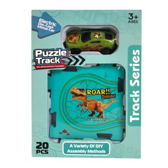  Puzzlepálya építõ klt., + 1 db fém lemez autó, el., Dínós, 18x23 cm dob.