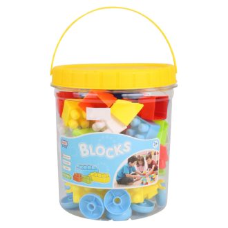 Építõkocka klt., kerékkel, 55 db, 16x19 cm pvc hengerben