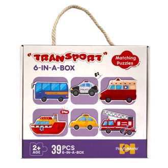   Puzzle, 6 db. jármû, autó kép, 39 db, 25x21 cm hordozó dob.