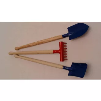   Fém Homokozó eszk. klt., 3 db, lapát, ásó, gereblye, fa nyél, 30 cm