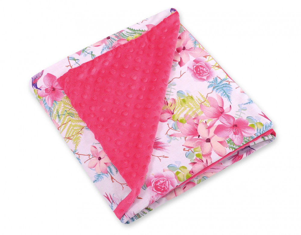 BabyLion Prémium univerzális takaró Minky – Rózsaszín virágok és kolibrik