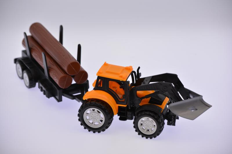 Traktor, elöl szerk., + rönkszállító, sárga, 35x10 cm dob.