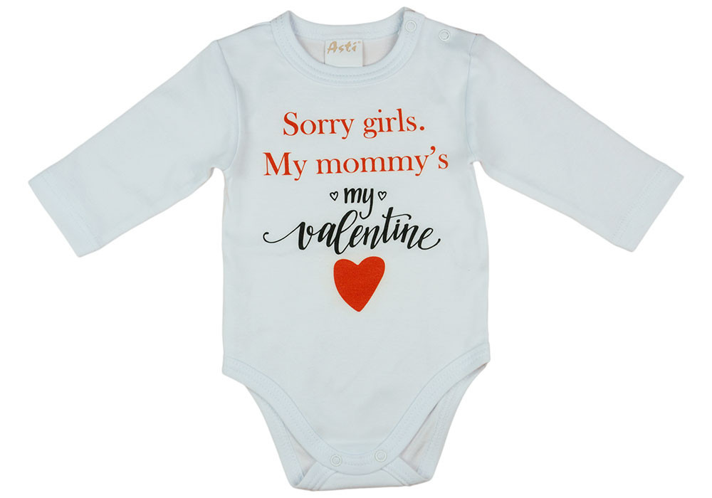 "Sorry girls. My Mommy&#039;s my valentine" feliratos valentin napi baba body fehér