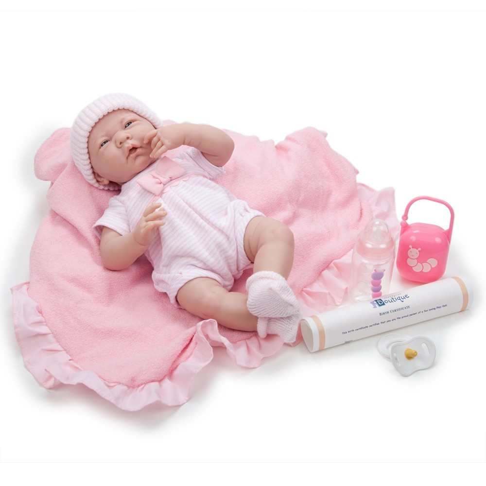 Élethű Berenguer Játékbabák újszülött lány rózsaszín masnis ruhában sapkával - kiegészítőkkel 39cm