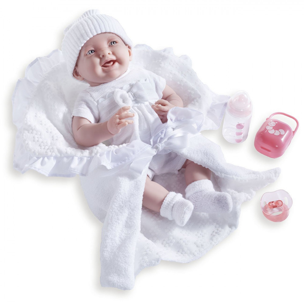 Élethű Berenguer Játékbabák - újszülött lány luxus baba fehér ruhában kiegészítőkkel 39cm